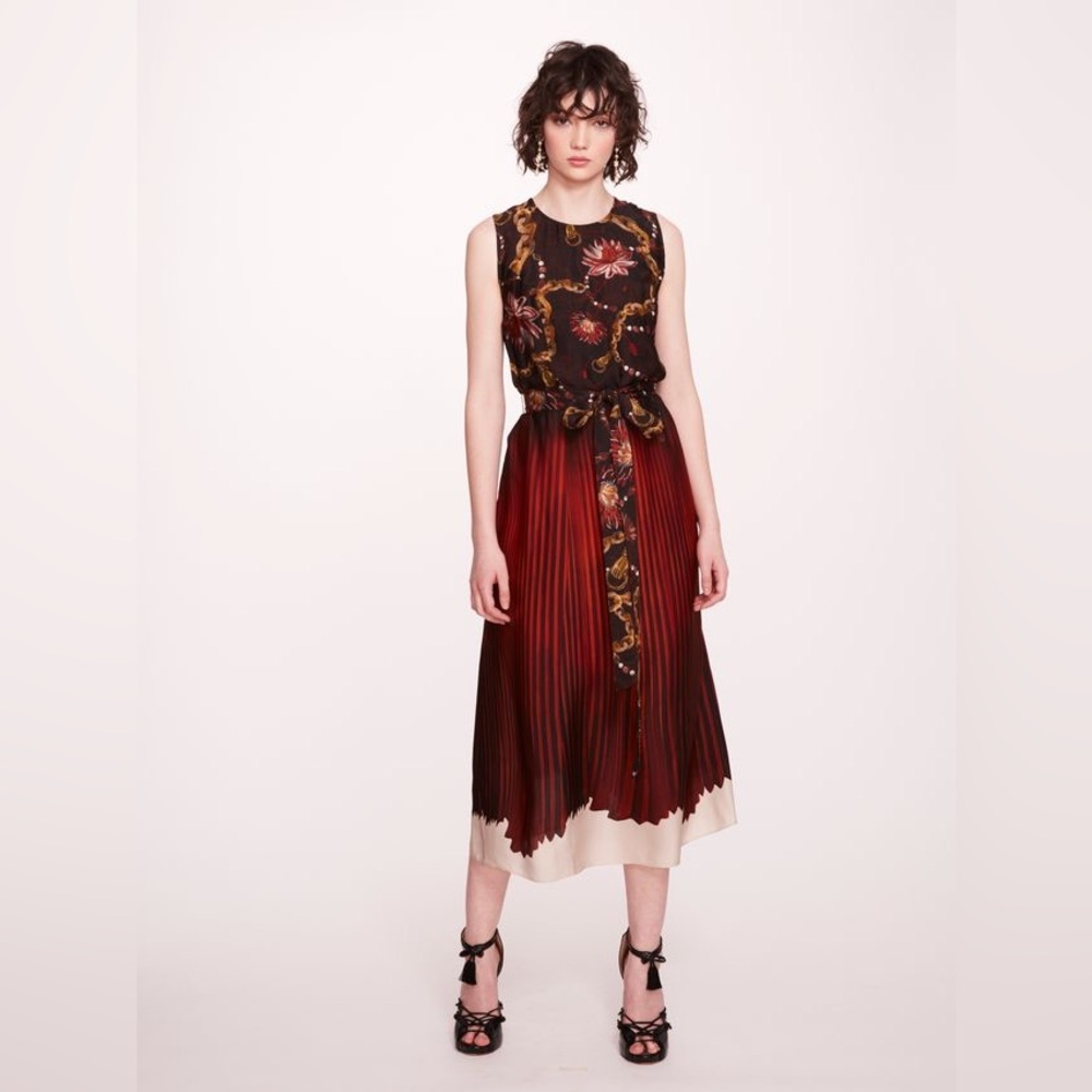Marchesa Rosa Red Black Chain Print Sleeveless Midi Dress Size 4 NWT